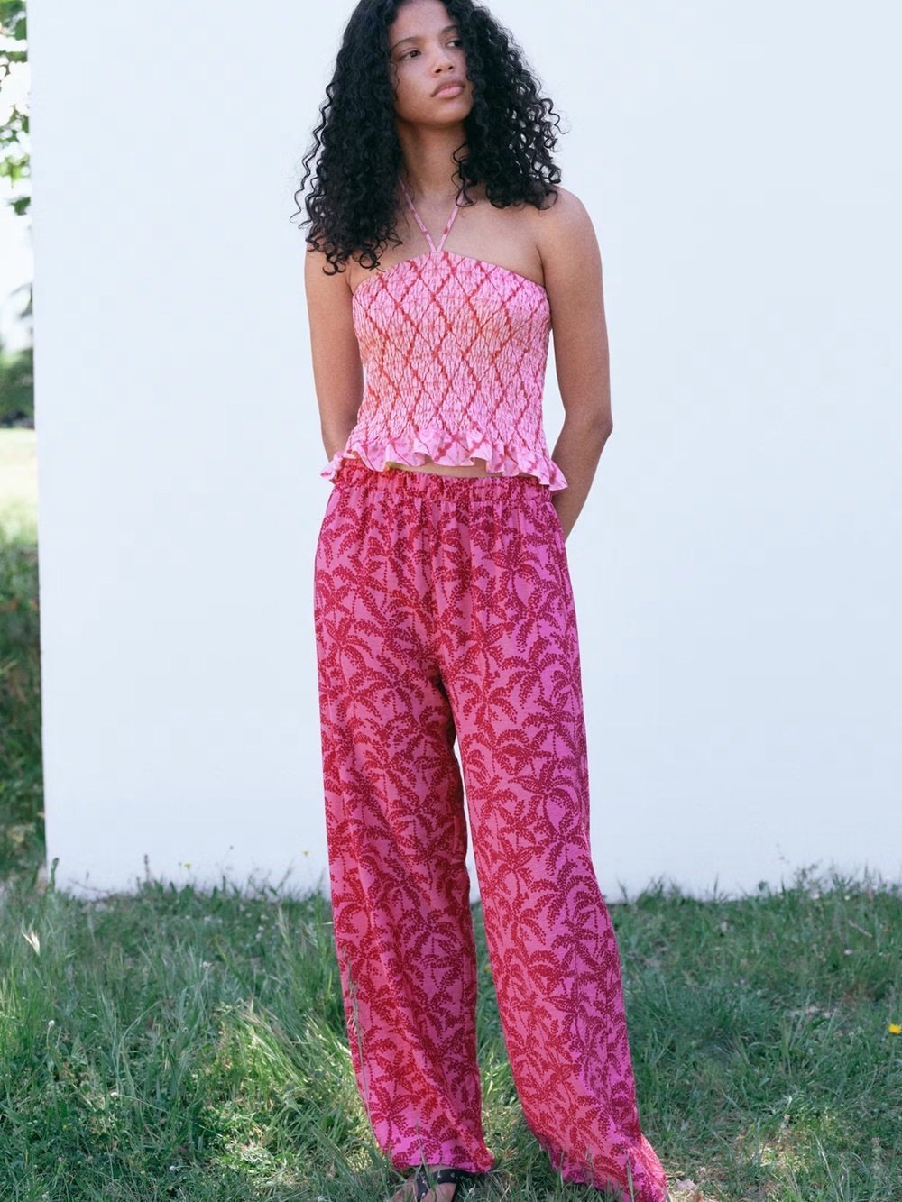 NWT Mango Fuchsia Palm Tree Print Wide Leg Pants - Size S